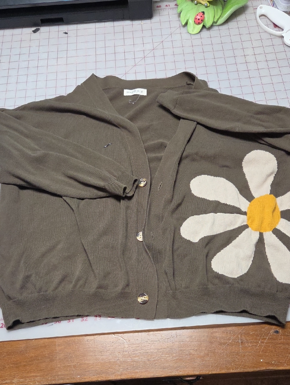 Natural Life Olive Daisy-Accent Button Cardigan